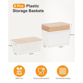 Anywish Storage Bins with Lids 6 Packs, Plastic Storage Bins with Bamboo Lids for Pantry Organization and Storage Containers for Shelves Drawers Desktop Closet Playroom Classroom Office Home, White