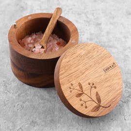 DGYLL Acacia Wood Salt and Pepper Bowl with Spoon Salt conatiner Salt Box with lid and Spoon Salt Cellar Size: 3.5DIA x 2.5H inch (1pc Begonia)