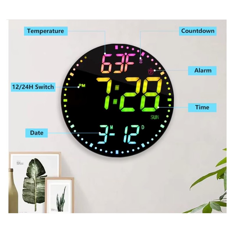 Large 12" Modern RGB Colorful LED Wall Clock, Large Digital