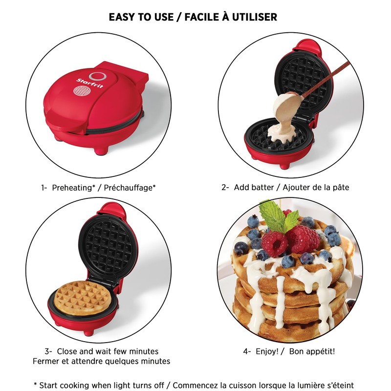 Starfrit Electric Mini Waffle Maker 4" Non-Stick Cooking Surface Easy