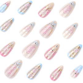 Press On Nails, Short Almond Ballet Duck Fake Nails, Cute Flower Stick on nails, Glue on Nails on 24PCs (Pink Blue Flower)