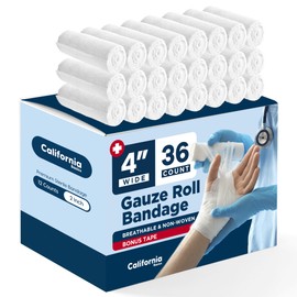 California Basics 36-Pack Gauze Bandage Roll with Tape, 4 Inches x 4 Yards - Soft, Stretchable & Breathable Wrap for Wound Care, First Aid & Medical Supplies - White