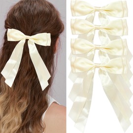 4Pcs Hair Bows, French Bowknot Barrettes with Long Tails Large Hair Bows Double Hairbows Aesthetic Bridal Accessories for Women Girls