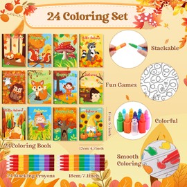 BenLouis 24 Fall Mini Activity Books with 24 Crayons for Kids ages 4-8-16 Autumn Party Favors Bulk Different Brain Game for Classroom Travel Craft Activities Thanksgiving Goodie Bag Gift Stuffer