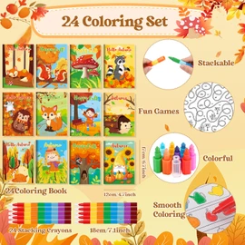 BenLouis 24 Fall Mini Activity Books with 24 Crayons for Kids ages 4-8-16 Autumn Party Favors Bulk Different Brain Game for Classroom Travel Craft Activities Thanksgiving Goodie Bag Gift Stuffer