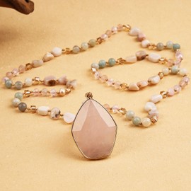 Long Necklaces for Women Boho, Oval Pink Quartz Pendant Necklace, Natural Stone Beaded, Handmade,Vintage & Elegance, Boho Fashion Charm Beaded Necklace for Women