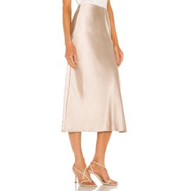 BOMAROLAN Women's Satin Midi Skirt High Waist Solid Silky Skirts for Women Hidden Elasticized Waistband Elegant A-Line Slit Midi Skirts Beige S