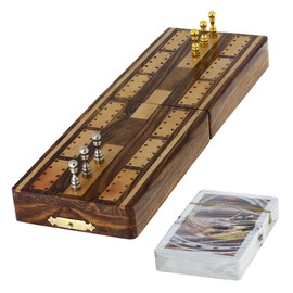 Ajuny Traditonal Wooden Cribbage Board Game with Metal Pins and Cards with Storage Area Board Size 5 x 3.25 x 2 Inches
