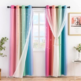 Stiio Kids Blackout Curtains 2 Panels, Star Cutout Ombre Stripe Rainbow Curtains Light Blocking Window Treatment for Girls Bedroom Home Decor, W52 x L95 inches