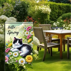 BlissYard Hello Spring Garden Flag 12x18 Inch Double Sided Daisy Design Decoration Flag Cute Cat Decoration Yard Flag Outdoor Seasonal Decor Farmhouse Holiday Outside Decorations Flag