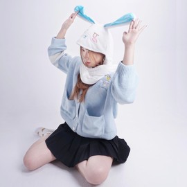 CoolChange Rabbit Hat with Scarf, Cuddly Hood with Rabbit Ears, White, Long Ear Muffs with Cloud Motif