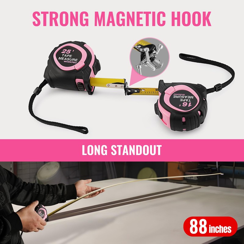 WORKPRO 25-FT Tape Measure with Fractions, 3 Brakes Retractable Measuring