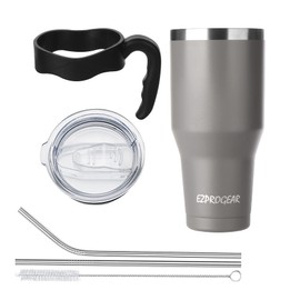 Ezprogear - Taza de café aislada de doble pared de acero inoxidable de 40 onzas con popote y mango (gris marino)