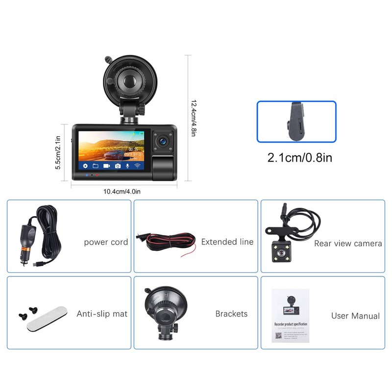 3 Channel Dash Cam Front and Rear Inside, 3 Inch