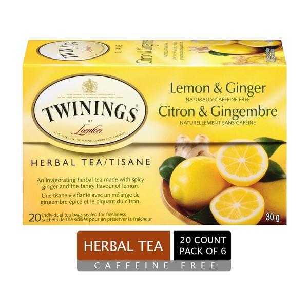 Twinings Herbal Lemon and Ginger Individually Wrapped Tea Bags | Naturally Caffeine Free | 20 Count (Pack of 6)