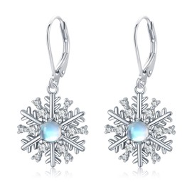 JUSTKIDSTOY Christmas Snowflake Earrings 925 Sterling Silver Moonstone Snowflake Dangle Drop Earrings Snow Leveback Earrings Winter Holiday Jewelry Christmas Stocking Stuffer Gifts for Women
