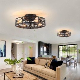 20'' Caged Ceiling Fan with Lights and Remote Control,Small Farmhouse Bladeless Low Profile Ceiling Fans Lights,Industrial Flush Mount Low Profile,Reversible Motor 6 Speeds for Bedroom,Living Room