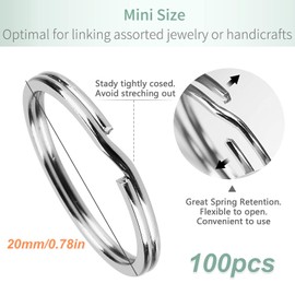 Eowppue 100-Pack Stainless Steel Split Rings - Small Keychain Rings (20mm Diameter) for Car Keys，Efficient Key Organization and Crafting