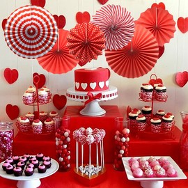 ADLKGG Party Hanging Paper Fans Set, Red Round Pattern Paper Garlands Decoration for Birthday Wedding Graduation Events Accessories, Set of 6