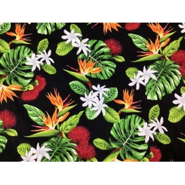 Originals by HITOMI Tropical Hawaiian Flowers Red Lehua Whie Tiare Bird of Paradise wth Monstera Leaf Hawaiian Print Fabric Black Background 100% Cotton Sold by The Yard