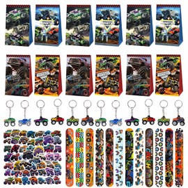 JWTRSVTY Monster Truck Children's Birthday Party Bags, Monster Truck Party Gifts, with Bracelets, Gift Bags, Key Ring Stickers, for Boys and Girls, Birthday Theme Party Gifts, Pack of 86