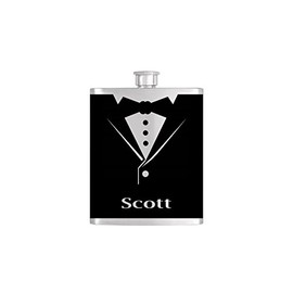 Tuxedo Black Bow Tie Groomsmen Flask with FREE Funnel - By Bottoms Up Flasks Mens Stainless Steel 8 oz Liquor Hip Flasks - Flask #283