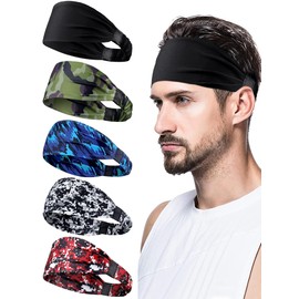 AWUMBUK Men's Sports Headband 5 Pieces Sweatband Forehead Stretchy Hair Band Sweat Absorption Breathable Headband Men Suitable for Exercise, Fitness, Running
