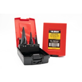 BAER Step Drill Bit Set 4-30 mm (4-12) (4-20) (6-30), HSS TiAlN, Taper Drill, Cone Drill, Cone Drill, Structural Steels, CrNi Steels, Non-ferrous Metals and Stainless Steels up to 6 mm Thickness