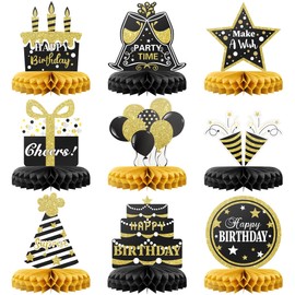 Happy Birthday Table Decoration Centerpieces - (9 Pack, Black & Gold) - Double-Sided Happy Birthday Centerpieces for Tables - Party Supplies for Elegant Birthday Decorations by PixiPy