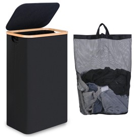 iEGrow Slim Laundry Hamper with Lid,75L Collapsible Clothes Hamper for Laundry,Dirty Clothes Basket with Bamboo Handles & Removable Laundry Bag for Bedroom, Bathroom, Dorm, Laundry Room, Black