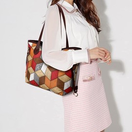 Downupdown Vintage Women Handbags and Purse Set Multicolor Patchwork Tote Bags Handmade Soft Leather Shoulder Bag Zipper Wallet 2 Pcs -Red