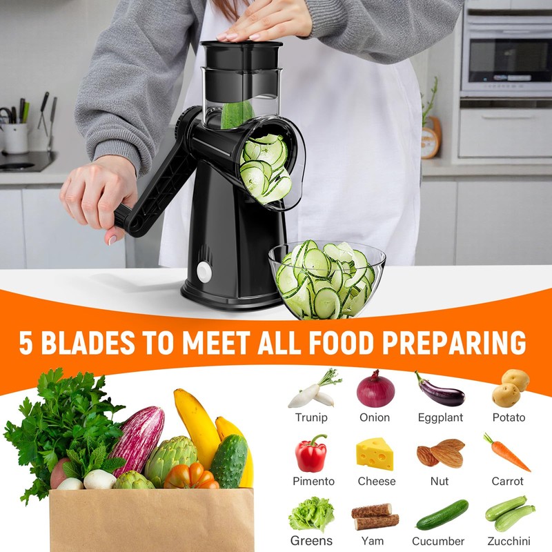 Rotary Cheese Grater Hand Crank with 5 Interchangeable Blades, Vegetable