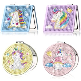 LZC LADYS GIFT 4 Pcs Diamond Painting Compact Mirror, Diamond Art Kits for Adults, DIY Pocket Mirror with Diamond Art Cover Portable Magnifying Folding Purse Mirror (Unicorn)