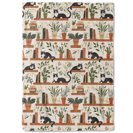 coedoaes Cute Black Cat and Book Fleece Blanket - 50x60in Playful Animal and Plant Throw Blankets,Soft Cozy Lightweight, Ideal for Living Room Home Rustic Farmhouse Decor and Kids Women Girls Gifts