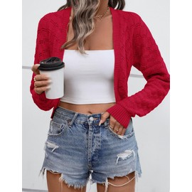 LOMON Womens Cardigan Sweaters Shrug Knit Open Front Crop Sweater(Red,Medium)