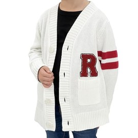Hip Hop 50’s Shop Boys 1950s Retro Knit Varsity Letterman Cardigan Sweater for Kids and Toddlers (2T, White R)