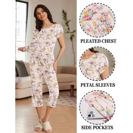 Ekouaer Womens Pajama Set Short Sleeve Sleepwear Pleated Floral Pjs Set Capri Pants Lounge Sets with Pockets S-XXL Apricot Flowers Medium