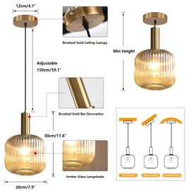 BOKT Modern 2-Pack Glass Pendant Lights Open Amber Ball Ceiling Pendant Lighting Fixture Adjustable Cord Hanging Light Lights Set of Two for Kitchen Island Entryway Dining Room