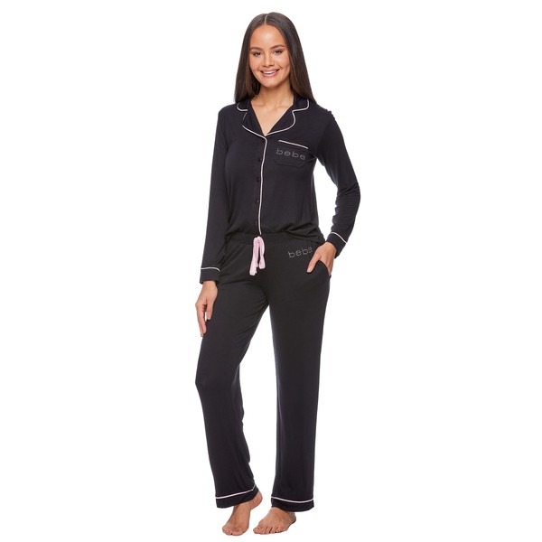 bebe Womens Pajama Sets - Black Pajama Set for Women - Pajamas for Women Logo - Long Sleeve Pajama Set for Women (Black, Small)