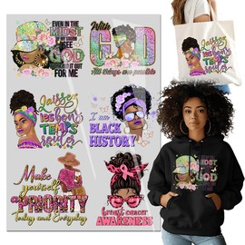 6PCS Fashionable Black Girl Iron On Transfer T-Shirt Stickers Iron Heat Transfer DIY for t-Shirt/Bag/Pillow/Clothing DTF transfers Ready to Press