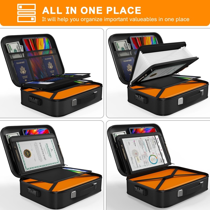 JUNDUN Fireproof Document Box,Hard Case Fireproof Document Organizer with Lock，Home