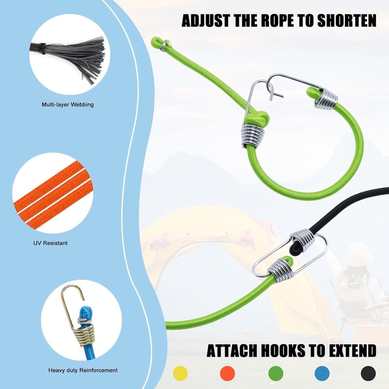 12 Pcs Small Bungee Cords with Hooks, 25cm Mini Adjustable