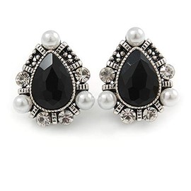 25mm/ Teardrop Black Glass Clear Crystal Pearl Clip On Earrings/Aged Silver Tone/Vintage Inspired