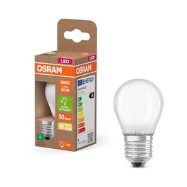 OSRAM Energy Class LED-Lampe in klassischer Miniballform, 3.8 W / 806 lm, EEK A, warmweißes Licht (2700 K), CRI 80, aus gefrostetem bleifreiem Glas, E27 Sockel, IP20, 45 mm Durchmesser.