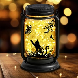 YJFWAL Solar Cat & Butterfly Lanterns Outdoor Waterproof - Cat Lover Unique Birthday Mothers Day Gifts for Women Mom Grandmom , LED Hanging Mason Jar Fairy Lights for Garden Yard Patio Decor