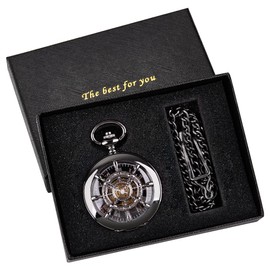 Tiong Black Rudder Pattern Double Opening Case Men's Mechanical Pocket Watch, Skeleton Unique Mechanical Roman Numeral Pocket Watches for Men