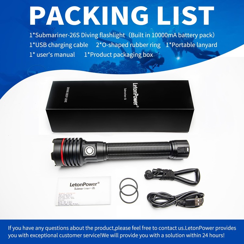 ダイビングライト、LetonPower 5000 Lumens 水中ライト,100mスキューバ ライト, タイプC充電 ダイビング 水中ライト、スポットライトロングショットダイビング ライト