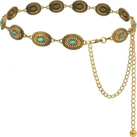 Liutufy Women's Turquoise Concho Chain Belt Western Cowgirl Metal Waist Chain Belt for Dress (B Gold-L)