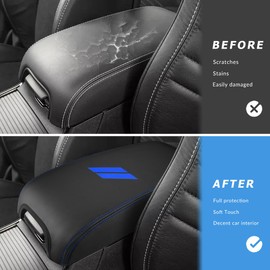 INTGET Car Center Console Cover for 2022 2021 Dodge Charger Accessories 2020 2019 2018 2017 2016 2015 Leather Armrest Cover Console Lid Protector Cushion Pad (Dark Blue Stitches, Leather)