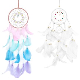 TAIHOBO Children's Dream Catcher, Handmade Dream Catcher, Craft Set, White and Pink Peacock Feathers, Small Dream Catcher with Colourful Beads, for Wall Hanging, Home Decor, Room Decoration,
